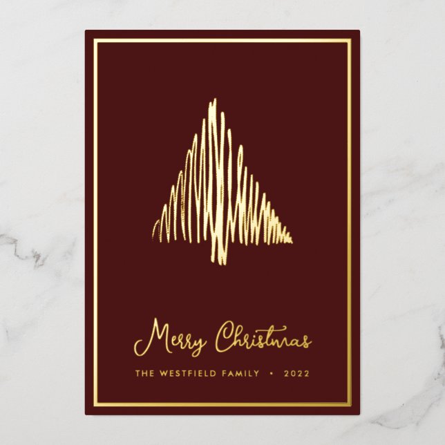 Abstract Scandi Christmas Tree Burgundy Gold Foil Holiday Card (Front)
