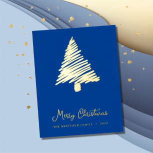Abstract Scandi Style Christmas Tree Blue Gold Foil Holiday Card