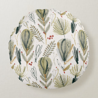 Abstract Scandinavian Christmas Foliage Sage Green Round Cushion