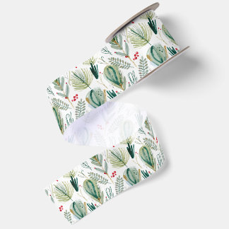 Abstract Scandinavian Christmas Foliage Sage Green Satin Ribbon