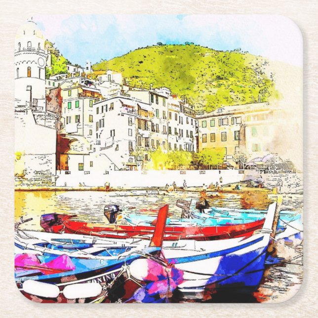Abstract Scenic Harbour Square Paper Coaster (Front)