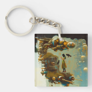 Abstract SciFi Cat Raven Occult Dark Witchy AI Art Key Ring