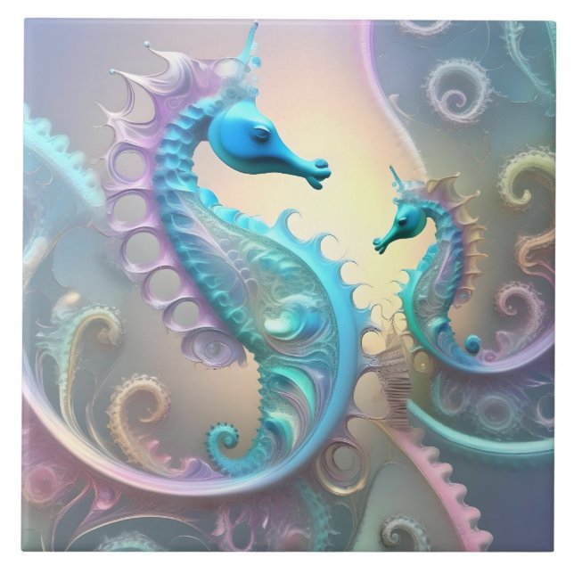Abstract Seahorses Pastel Fractal Art, Ceramic Tile (Front)