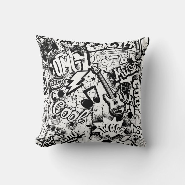 Abstract seamless black and white comics graffiti  cushion (Front)