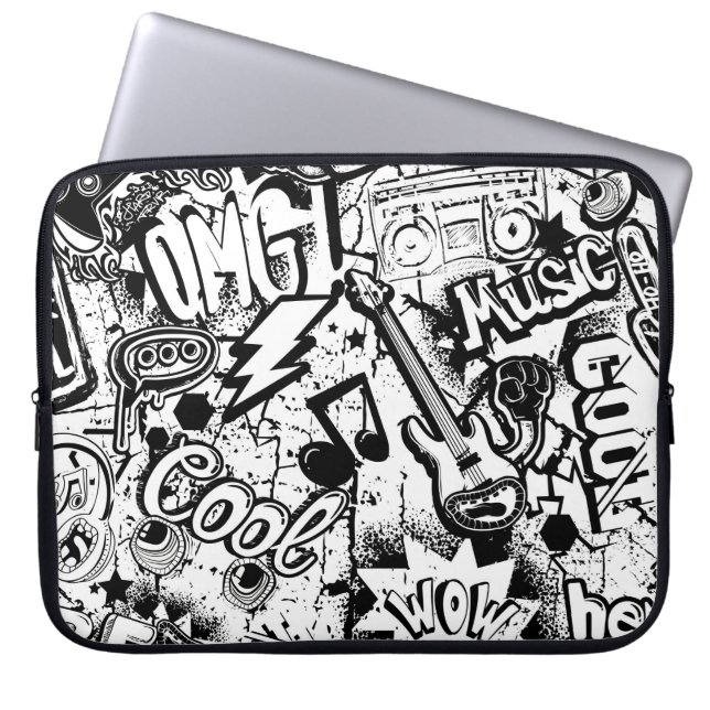 Abstract seamless black and white comics graffiti  laptop sleeve (Front)