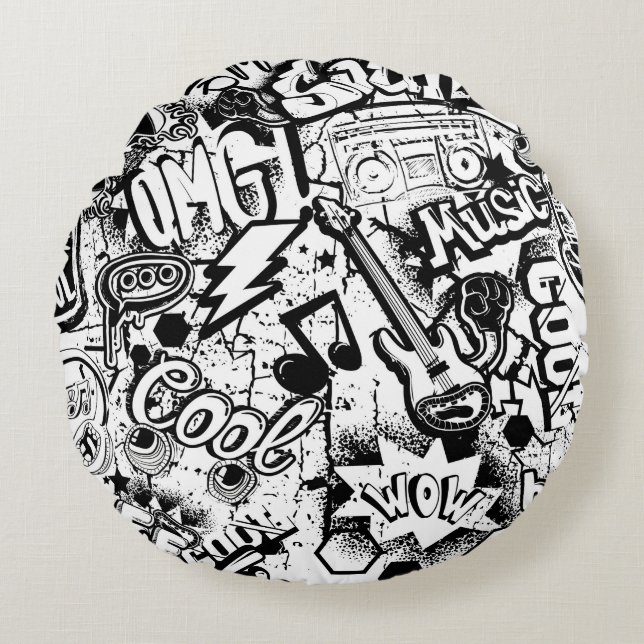Abstract seamless black and white comics graffiti  round cushion (Front)