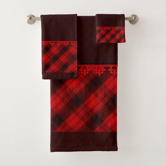 Abstract seamless chequered plaid red brown tartan bath towel set (Insitu)