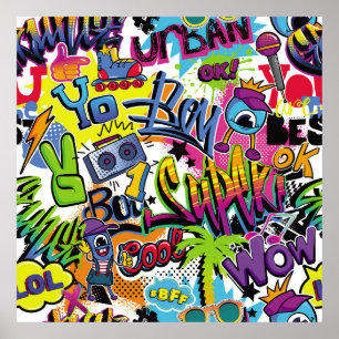 Abstract seamless comics pattern with palm tree, h poster