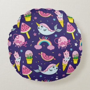 Abstract seamless ice cream pattern. Creative vint Round Cushion
