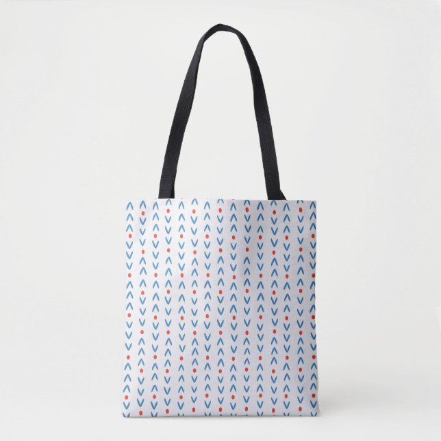 Abstract seamless pattern in blue and red on cream tote bag (Front)