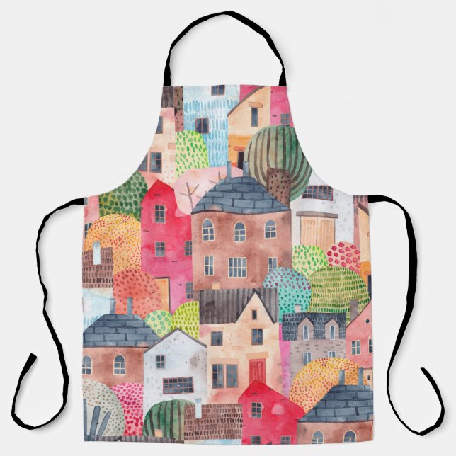 Abstract seamless pattern with houses. Watercolor  Apron (Front)