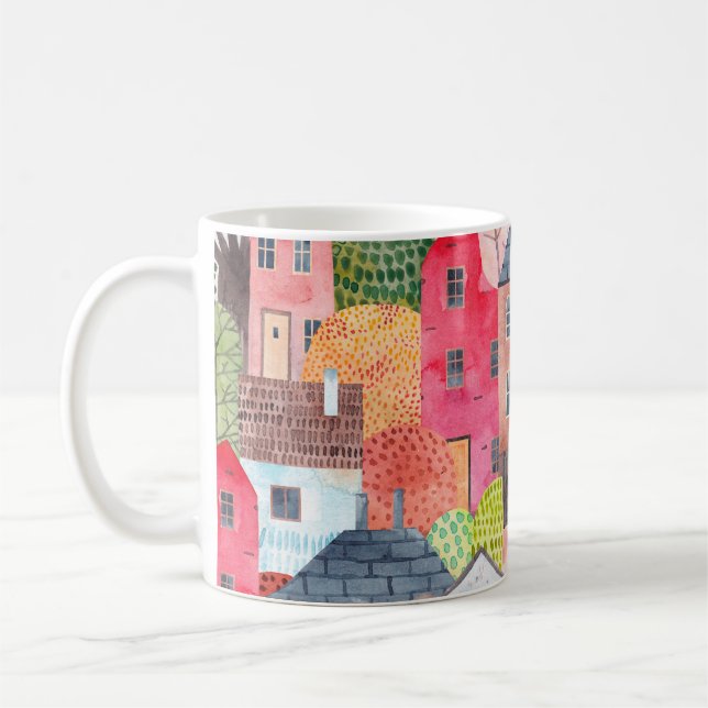 Abstract seamless pattern with houses. Watercolor  Coffee Mug (Left)