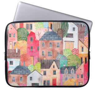 Abstract seamless pattern with houses. Watercolor Laptop Sleeve