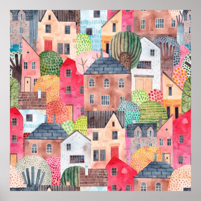 Abstract seamless pattern with houses. Watercolor  Poster (Front)