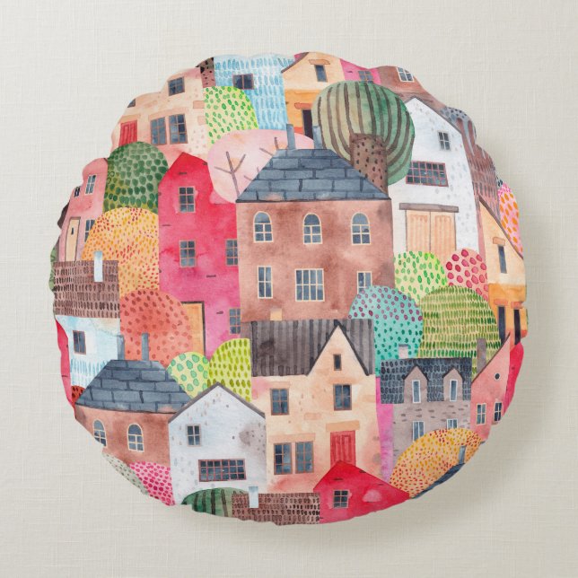 Abstract seamless pattern with houses. Watercolor  Round Cushion (Front)
