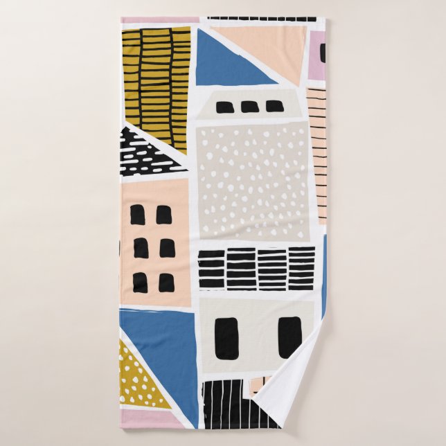 Abstract seamless pattern with houses with hand dr bath towel (Bath Towel)