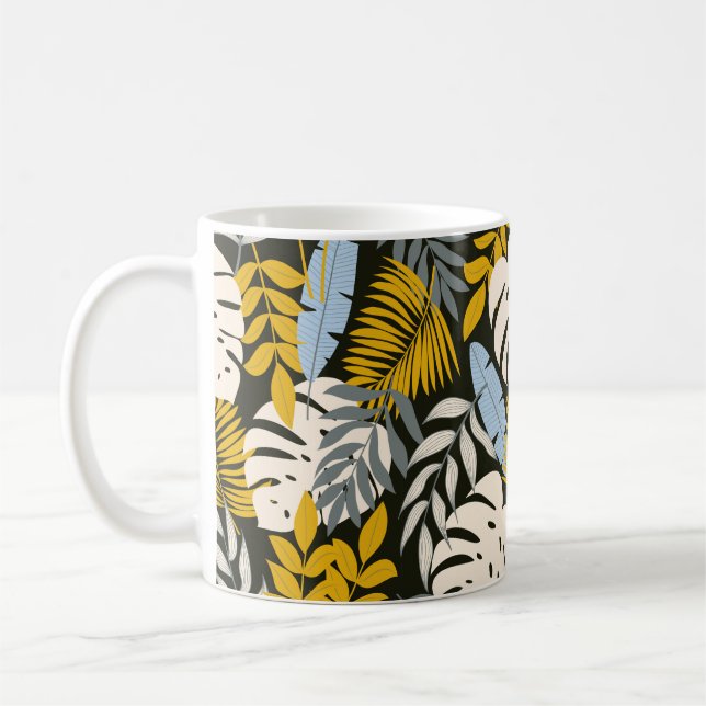 Abstract seamless pattern with tropical leaves and coffee mug (Left)