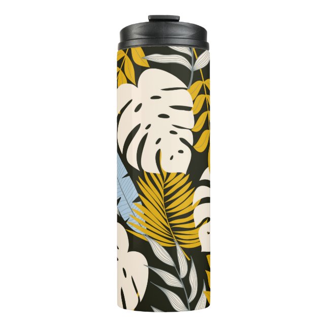 Abstract seamless pattern with tropical leaves and thermal tumbler (Front)