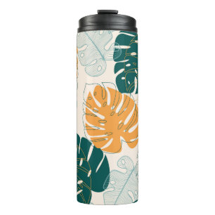 Abstract seamless pattern with tropical leaves and thermal tumbler