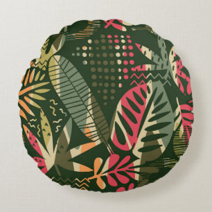 Abstract seamless pattern with tropical leaves. Ha Round Cushion