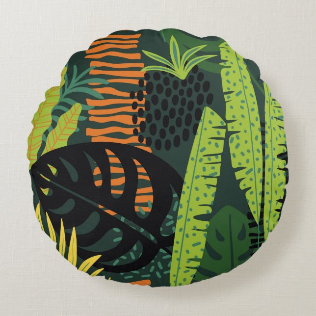 Abstract seamless pattern with tropical leaves. Ha Round Cushion (Front)