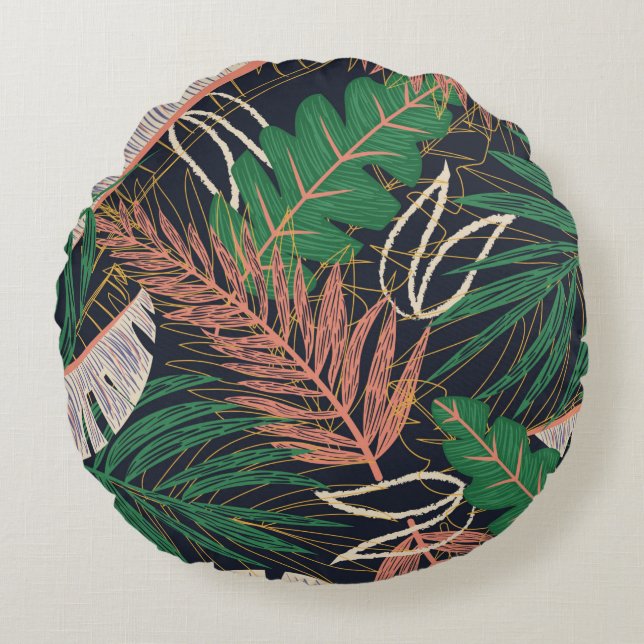 Abstract seamless pattern with tropical leaves on  round cushion (Front)