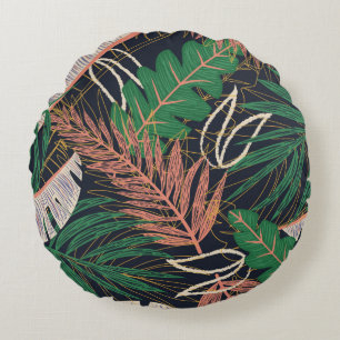 Abstract seamless pattern with tropical leaves on  round cushion