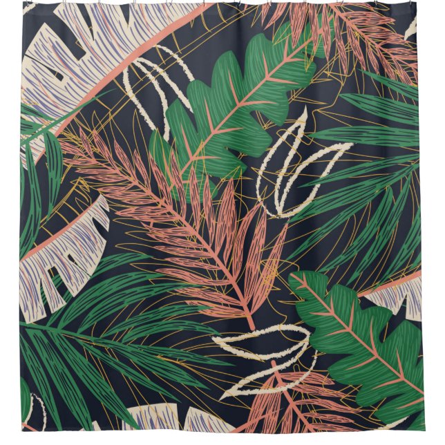 Abstract seamless pattern with tropical leaves on  shower curtain (Front)