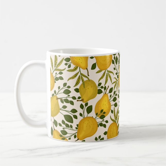 Abstract seamless pattern with yellow pears and le coffee mug (Left)