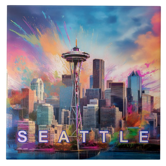 Abstract Seattle Skyline Art Modern Cityscape  Ceramic Tile (Front)