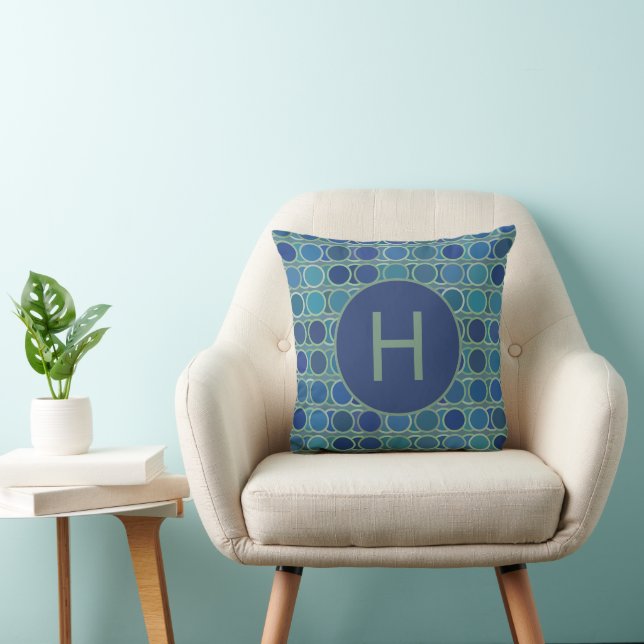 Abstract Shades of Blue Circle Pattern Monogram Cushion (Chair)