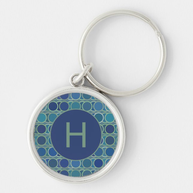 Abstract Shades of Blue Circle Pattern Monogram Key Ring (Front)