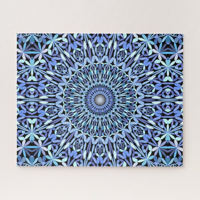 Abstract Shades of Blue Floral Mandala Pattern Jigsaw Puzzle (Horizontal)