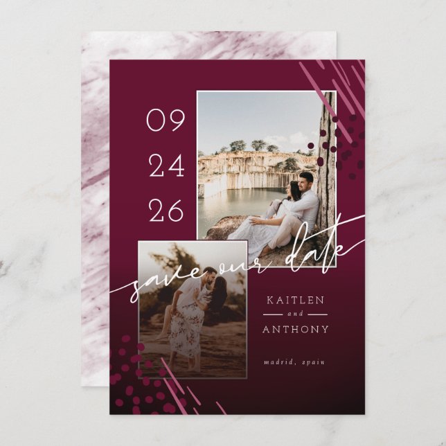 Abstract Shapes Burgundy Marble Back & 2 Photos Save The Date (Front/Back)