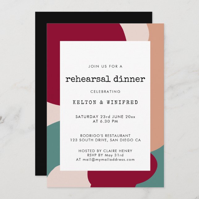 Abstract shapes contemporary rehearsal dinner invitation (Front/Back)