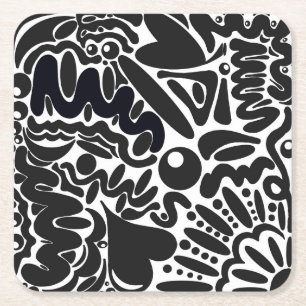 Abstract shapes in black & white square paper coaster