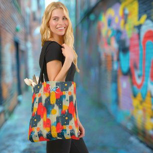 Abstract Shapes in Red, Yellow, and Blue on Beige Tote Bag