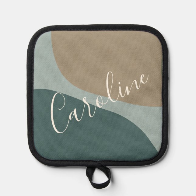 Abstract Shapes in Teal Personalised Script Name Pot Holder (Front)