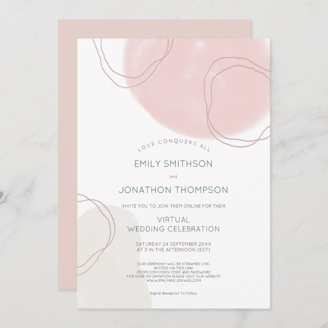 Abstract Shapes Lines Pink Cream Virtual Wedding Invitation (Front/Back)