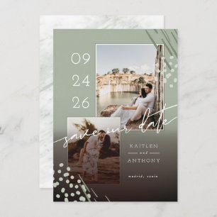 Abstract Shapes Sage Green Marble Back & 2 Photos Save The Date