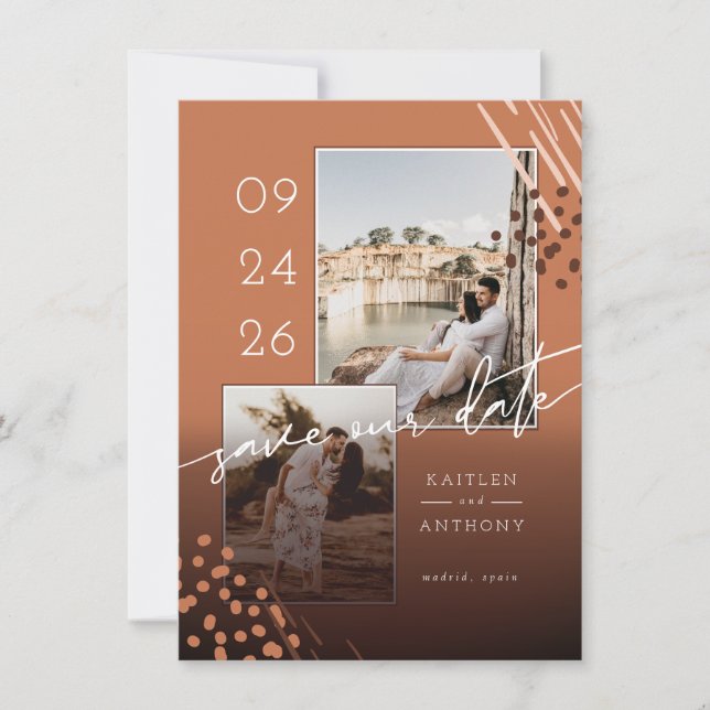Abstract Shapes Terracotta Marble Back & 2 Photos Save The Date (Front)
