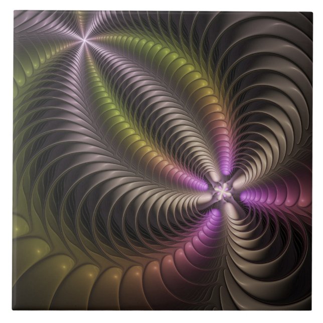 Abstract Shiny Trippy Colourful 3D Fractal Art Ceramic Tile (Front)