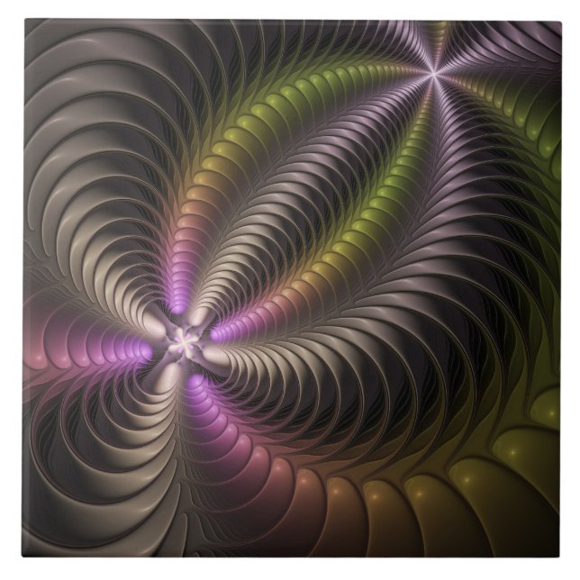 Abstract Shiny Trippy Colourful 3D Fractal Art Ceramic Tile (Front)