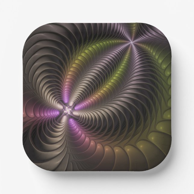 Abstract Shiny Trippy Colourful 3D Fractal Art Paper Plate (Front)