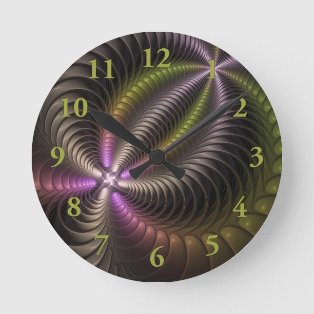Abstract Shiny Trippy Colourful 3D Fractal Art Round Clock (Front)