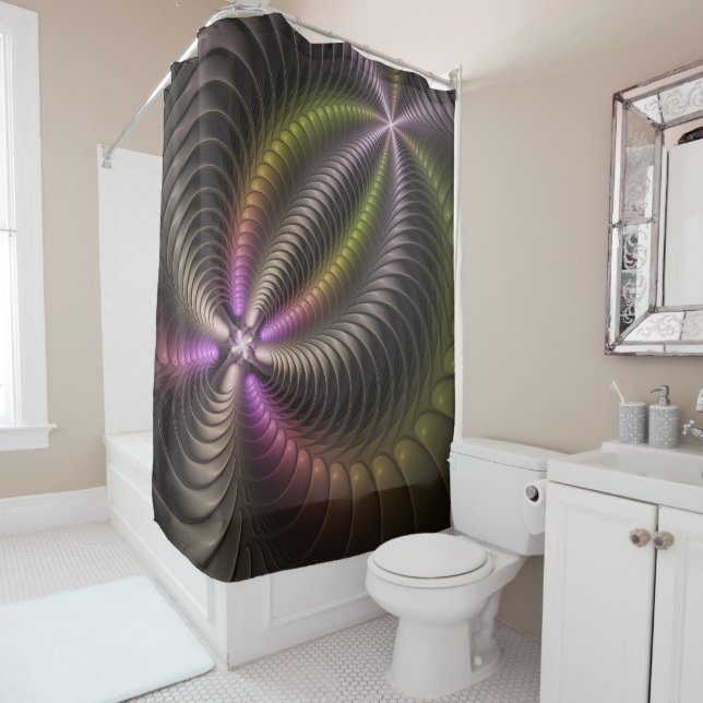 Abstract Shiny Trippy Colourful 3D Fractal Art Shower Curtain (In Situ)