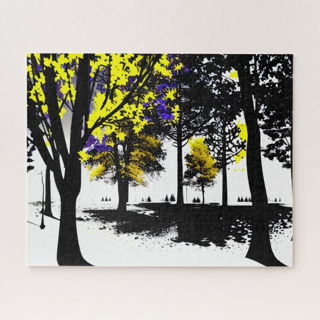 Abstract Silhouette Black White and Yellow Tree Jigsaw Puzzle (Horizontal)