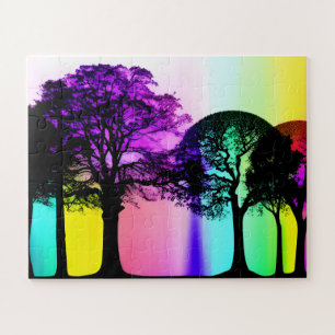 Abstract Silhouette Trees with Rainbow Background Jigsaw Puzzle