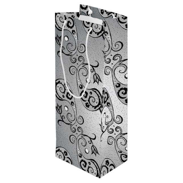 Abstract Silver and black Tulip Boteh Pattern Wine Gift Bag (Back Angled)