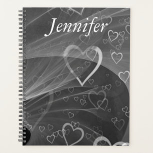 Abstract Silver Hearts and Love Grey Personalised Planner